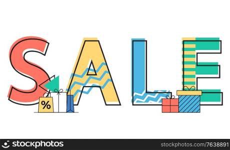 Sale text fonts with abstract geometric decorative elements vector. Isolated banner with presents in boxes and wrapping paper. Promotional poster with gifts, special offer from shops and stores flat. Sale Banner for Discounts and Holidays Promotions