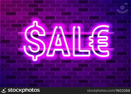 SALE text with dollar and euro signs glowing neon l&sign. Realistic vector illustration. Purple brick wall, violet glow, metal holders.. SALE text with dollar and euro signs glowing purple neon l&sign
