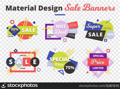 Sale Transparent Icon Set. Sale transparent icon set with material design sale banners description on top vector illustration