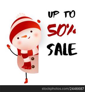 Sale up to fifty percent poster design. Creative inscription with cartoon snowman on white background. Can be used for sales, advertising, shopping. Sale up to fifty percent poster design