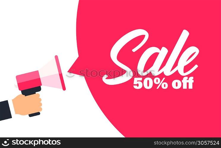 Sale vector discount shopping hand holding megaphone background, hot price deal backdrop shape illustration