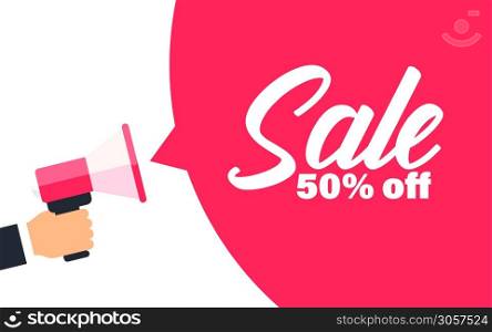 Sale vector discount shopping hand holding megaphone background, hot price deal backdrop shape illustration