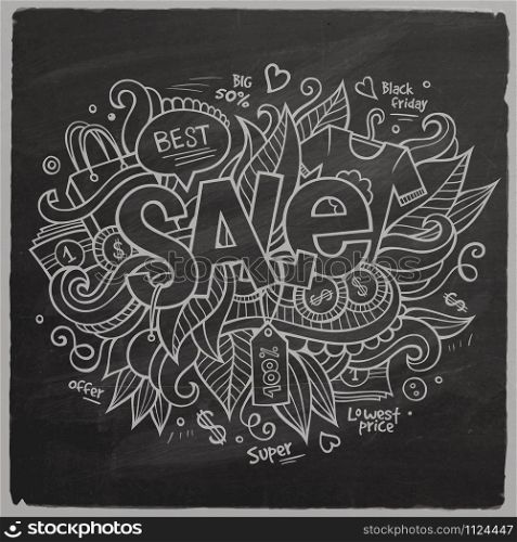Sale Vector hand lettering and doodles elements chalkboard background