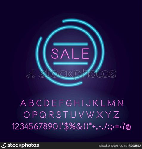 Sale vector neon light board sign illustration. Clearance sale commercial signboard design with alphabet, numbers and symbols. Night shopping announcement banner with outer glowing effect. Sale vector neon light board sign illustration
