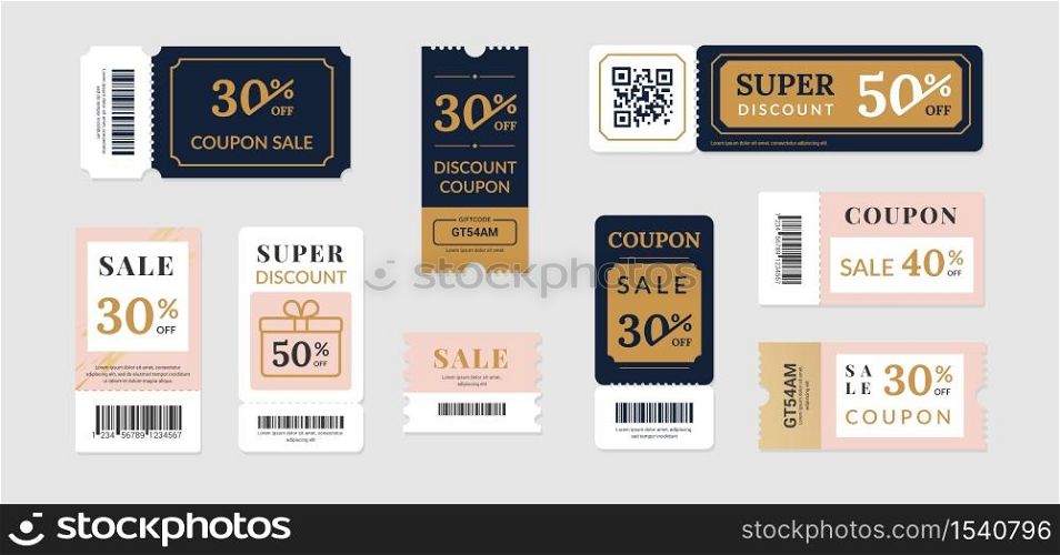Sale vouchers. Coupon mockup design for sale and gift event posts in social media, discount ticket collection. Vector image banners with promo code offer isolated set. Sale vouchers. Coupon mockup design for sale and gift event posts in social media, discount ticket collection. Vector promo code offer isolated set