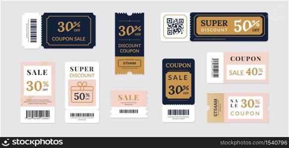 Sale vouchers. Coupon mockup design for sale and gift event posts in social media, discount ticket collection. Vector image banners with promo code offer isolated set. Sale vouchers. Coupon mockup design for sale and gift event posts in social media, discount ticket collection. Vector promo code offer isolated set