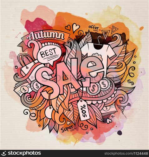 Sale watercolor cartoon hand lettering and doodles elements background. Vector illustration