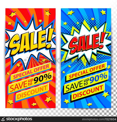 Sale web banners. Set of Pop art comic sale discount promotion banners. Big sale background. Decorative backgrounds with bomb explosive. Comics pop-art style bang shape on red and blue twisted background. Ideal for web banners. Vector illustration.. Sale web banners. Set of Pop art comic sale discount promotion banners. Big sale background. Decorative backgrounds with bomb explosive. Comics pop-art style bang shape on red and blue twisted background. Ideal for web banners.