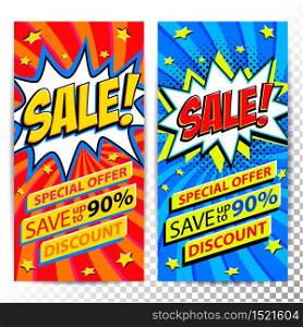 Sale web banners. Set of Pop art comic sale discount promotion banners. Big sale background. Decorative backgrounds with bomb explosive. Comics pop-art style bang shape on red and blue twisted background. Ideal for web banners. Vector illustration.. Sale web banners. Set of Pop art comic sale discount promotion banners. Big sale background. Decorative backgrounds with bomb explosive. Comics pop-art style bang shape on red and blue twisted background. Ideal for web banners.