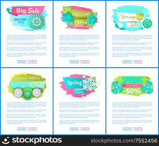 Sale web posters with spring blooming flowers collection. Pages mockups with text sample, discount, 30, 45 and 50 percent off. Promo leaflets sets, vector. Sale Web Posters with Spring Blooming Flowers Set