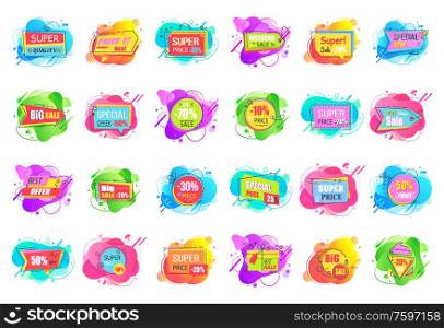 Sale with discounts and special promotion vector, 25 percent off price, banners with abstract design and colorful decor, sale labels clearance and reduction of cost. Special Offer Percents Off Price Labels Sale Set