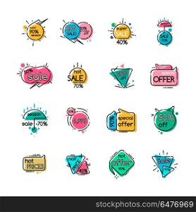 Sale with Special Offer and Hot Prices Icons Set. Sale with special offer, hot prices and off up to 90 small colorful icons isolated cartoon flat vector illustration on white background.