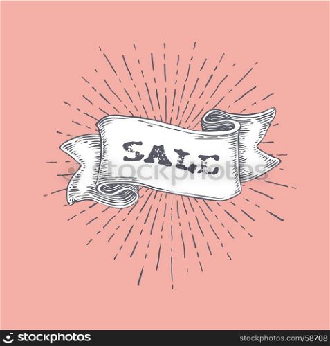 Sale. Word on vintage ribbon banner with text and rays. Retro hand drawn design on pink background. Vector Illustration