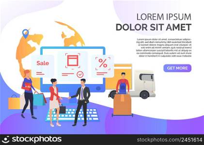 Sales agent working with customers in internet store. Sale, special offer, deal. Online shop concept. Vector illustration for presentation slide, poster, new projects
