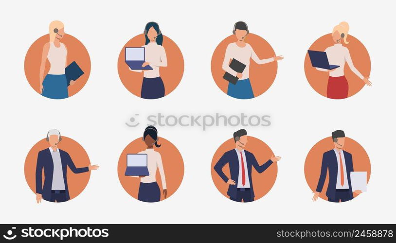 Sales agents consulting clients on phone. Male and female customer support phone operators. Vector illustration for banner, leaflet, advertising