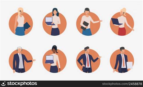 Sales agents consulting clients on phone. Male and female customer support phone operators. Vector illustration for banner, leaflet, advertising