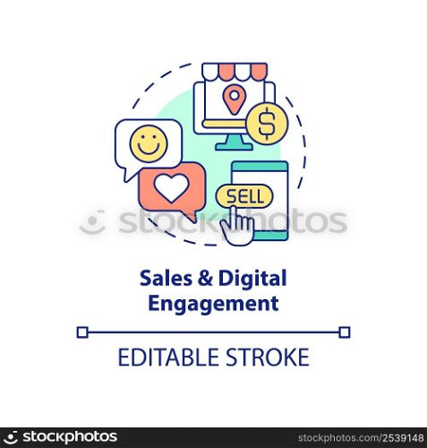 Sales and digital engagement concept icon. Trendy skill in IT abstract idea thin line illustration. Social media presence. Isolated outline drawing. Editable stroke. Arial, Myriad Pro-Bold fonts used. Sales and digital engagement concept icon