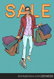 sales and discounts on holidays A man with shopping bags. sales in stores. The shopaholic bought a lot of goods. Pop art retro vector illustration 50s 60 vintage kitsch style. sales and discounts on holidays A man with shopping bags. sales in stores. The shopaholic bought a lot of goods