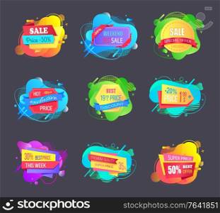 Sales and discounts vector, special offer with shapes and percentage isolated banners with stripes. Business of shops and market, marketing of goods. Banners with Discounts and Offers Set of Big Sale