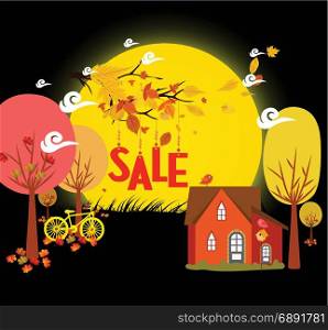 Sales autumn with background leaves falling and bicycle under the moonlight