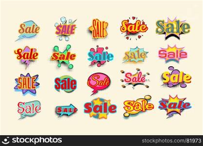Sales background with comic bubble. Set of stickers. Pop art retro vector illustration. Sales background with comic bubble