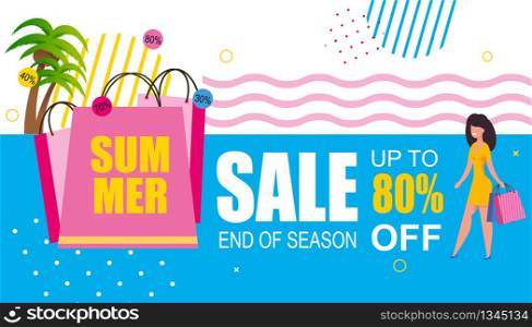 Sales Banner Offering to Buy with Great Discount. Sell-out up to 80 Percent. Summer Price Fall for End of Season. Vector Tropical Illustration with Happy Cartoon Woman with Shopping Bags. Sales Banner Offering to Buy with Great Discount