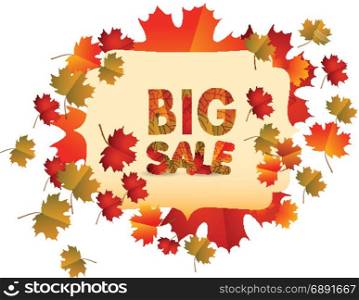 Sales banner with autumn leaves isolated on white background