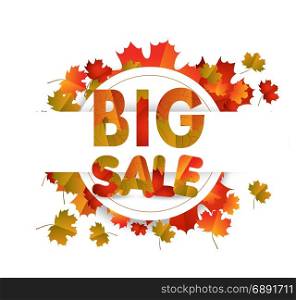 Sales banner with autumn leaves isolated on white background