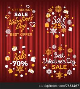 Sales banner with snowflakes and presents vector, isolated offers inscriptions. Presents on valentines day, lowering of price up to 75 percent red curtain. Sale on Valentines Day and Christmas Promotion