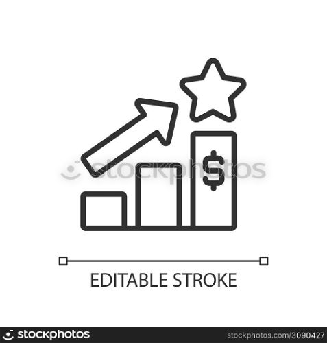Sales bonus pixel perfect linear icon. Compensation plan. Monetary incentive. Forecast financials. Thin line illustration. Contour symbol. Vector outline drawing. Editable stroke. Arial font used. Sales bonus pixel perfect linear icon