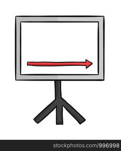 Sales chart arrow moving down. Hand drawn. Black outlines and colored.