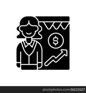 Sales department black glyph icon. Business activities and processes. Marketing functions. Developing relationships with customers. Silhouette symbol on white space. Vector isolated illustration. Sales department black glyph icon