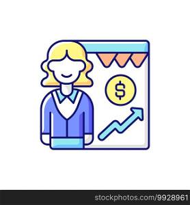 Sales department RGB color icon. Business activities and processes. Marketing functions. Developing relationships with customers. Enterprise, brand, product. Isolated vector illustration. Sales department RGB color icon