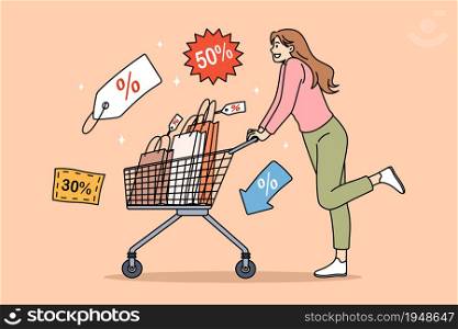 Sales during shopping and purchase concept. Happy young woman cartoon character rolling shopping bag full of discount purchases shopping vector illustration. Sales during shopping and purchase concept