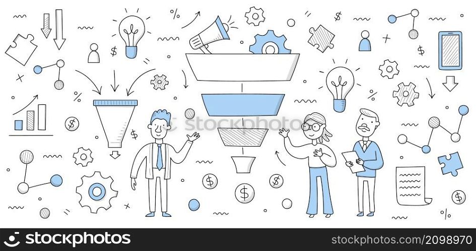Sales funnel business concept, doodle businesspeople stand at huge filter analysing marketing strategy, clients attraction or conversion and outline infographic icons around Linear vector illustration. Sales funnel business concept, businesspeople
