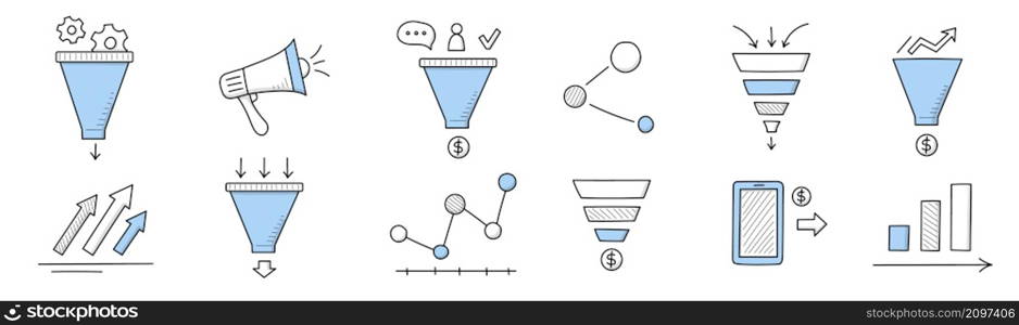 Sales funnel doodle icons, linear business signs loudspeaker, infographics graphs or charts, smartphone payment, clients attraction, management strategy and data analysis, Line art vector illustration. Sales funnel doodle icons, linear business signs