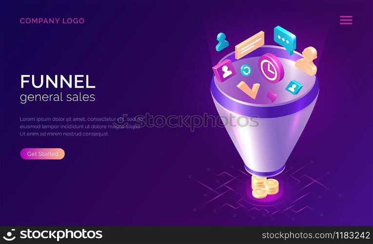 Sales funnel, isometric concept vector illustration. Marketing funnel with data drawn into it for analysis, optimization and sales generation, digital tool for profit growth. Template landing web page. Sales funnel, isometric concept illustration