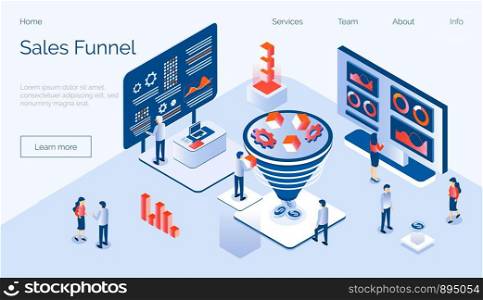 Sales funnel isometric concept vector with tiny people, diagram, coins, gears, cube