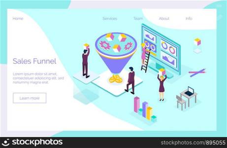 Sales funnel isometric concept vector with tiny people, diagram, coins, gears, cube