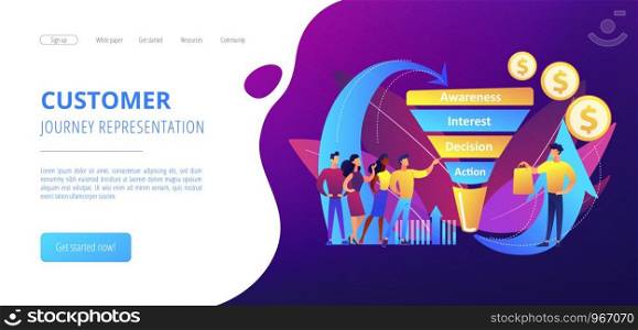 Sales funnel stages, potencial customers, buyer with purchase. Sales funnel management, customer journey representation, sales funnel stages concept. Website vibrant violet landing web page template.. Sales funnel management concept landing page.