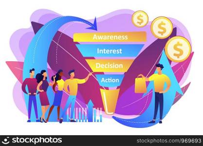 Sales funnel stages, potencial customers, buyer with purchase. Sales funnel management, customer journey representation, sales funnel stages concept. Bright vibrant violet vector isolated illustration. Sales funnel management concept vector illustration.