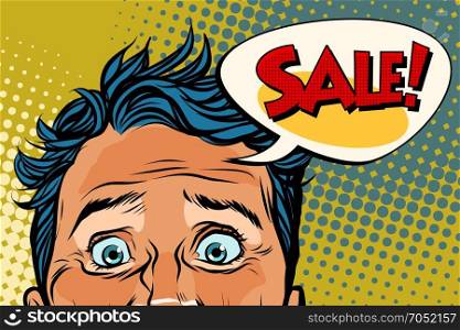 sales man eyes close-up, panic face. Pop art retro vector illustration. sales man eyes close-up