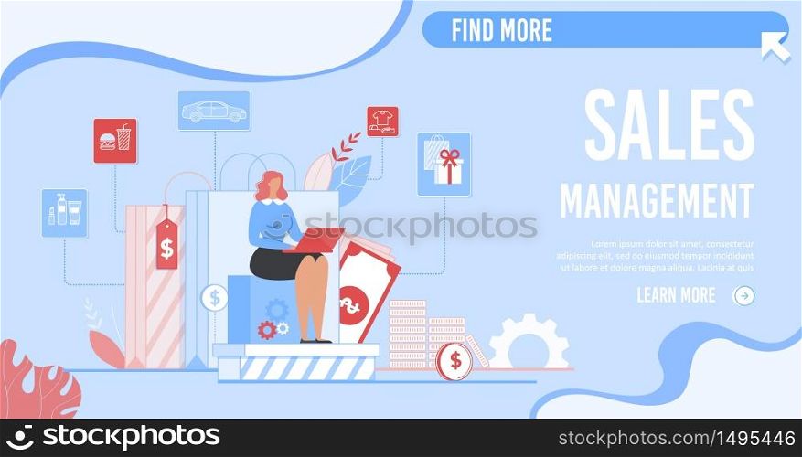 Sales Management, Business Analysis, Content Strategy. Flat Design Landing Page with Cartoon Businesswoman Working on Laptop. Clothes, Cosmetics, Auto, Gifts, Food Icons. Vector Illustration. Effective Sales Management Business Landing Page