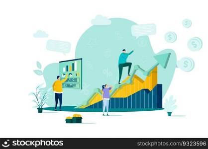 Sales management concept in flat style. Manager analyzing growing chart scene. Developing sales force, coordinating sales operations. Vector illustration with people characters in work situation.. Sales management concept in flat style.