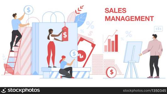 Sales Management Horizontal Banner. Tiny Manager Characters Put Price Tags on Huge Shopping Bags. Finance and Engineering Economics Graph. Financial Statistic Economic Cartoon Flat Vector Illustration. Sales Management Banner. Financial Statistic.