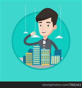 Sales manager presenting a model of city with clouds. Sales manager working with a project of a new modern district of the city. Vector flat design illustration in the circle isolated on background.. Real estate agent presenting city model.
