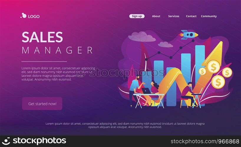 Sales managers with laptops and growth chart. Sales growth and manager, accounting, sales promotion and operations concept on white background. Website vibrant violet landing web page template.. Sales growth concept landing page.