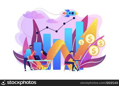 Sales managers with laptops and growth chart. Sales growth and manager, accounting, sales promotion and operations concept on white background. Bright vibrant violet vector isolated illustration. Sales growth concept vector illustration.