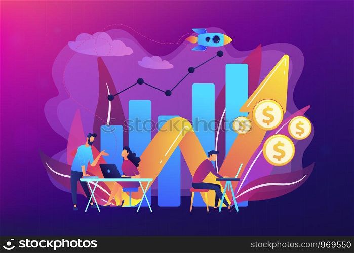 Sales managers with laptops and growth chart. Sales growth and manager, accounting, sales promotion and operations concept on ultraviolet background. Bright vibrant violet vector isolated illustration. Sales growth concept vector illustration.