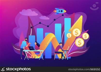 Sales managers with laptops and growth chart. Sales growth and manager, accounting, sales promotion and operations concept on ultraviolet background. Bright vibrant violet vector isolated illustration. Sales growth concept vector illustration.